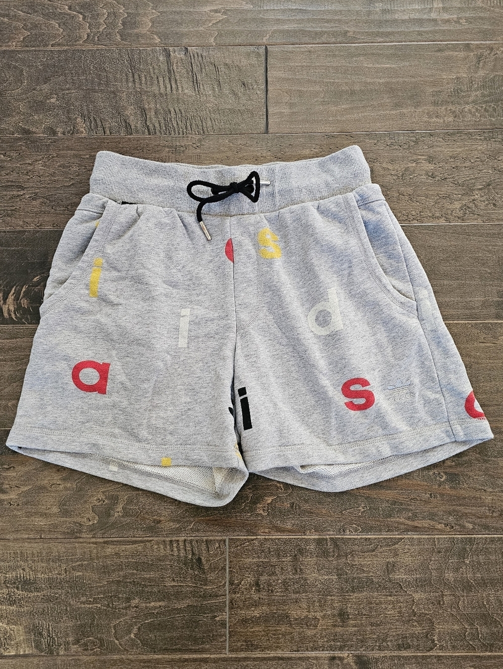 Rare Adidas Grey Shorts w/ Multi-Color Letter Print with Drawstring Sz Small